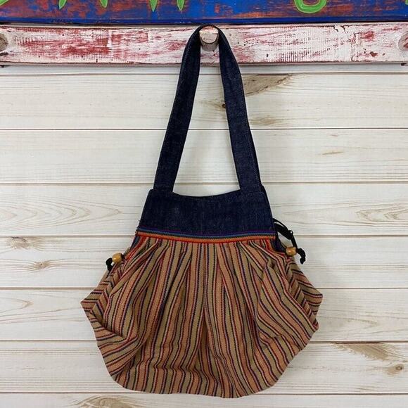 Vintage Retro Denim Handles Multi Striped Handbag w/ Zipper Closure - Picture 8 of 8